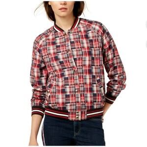 Tommy Hilfiger Womens Plaid Patchwork Varsity Jacket Colorful Multicolor Size 2X